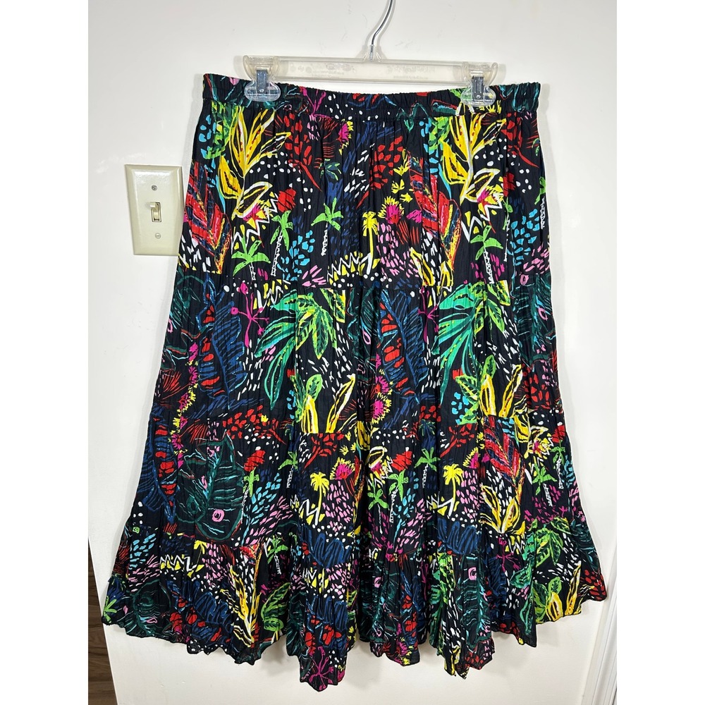 Serengeti Tropical Retro Tiered Skirt Womens L‎ Cotton Midi BOHO 90s Resortwear